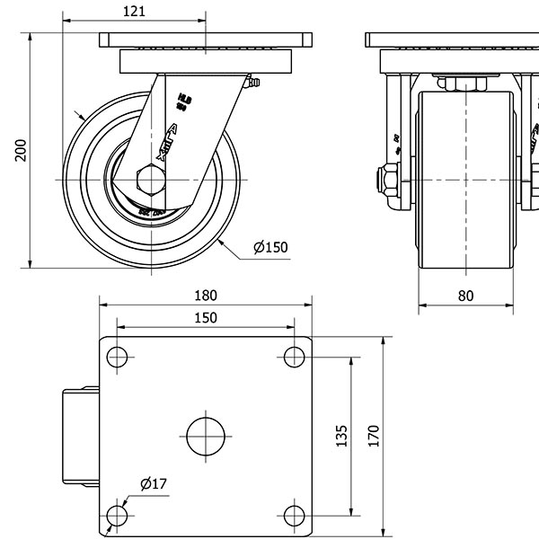 R.GIR.PLACA (ANCHA) 10HLB150A-NFB NYLON FUNDIDO EJE BOLAS