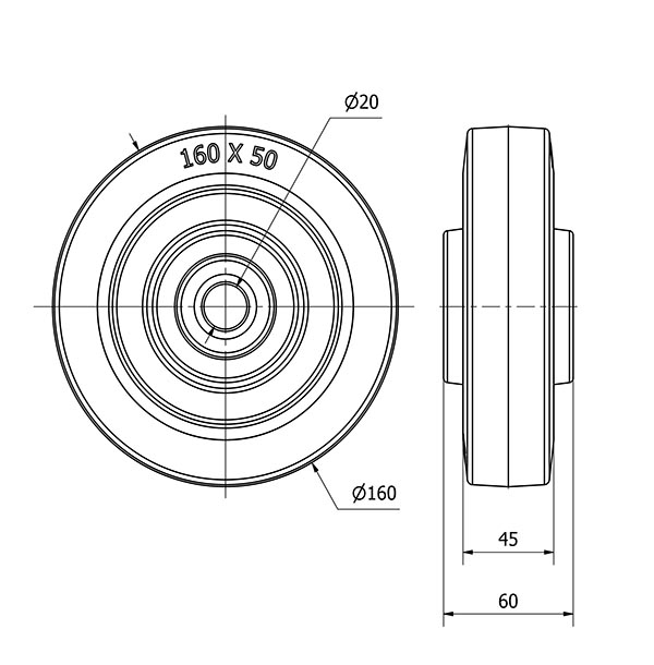 RUEDA PGMB160-20-60 NUCLEO POLIAMIX Y BANDA GOMA AZUL EJE BOLAS