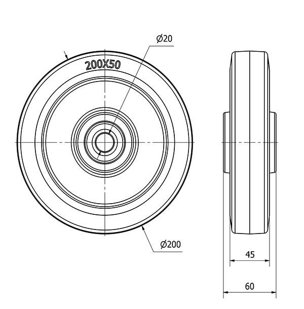 RUEDA PGMB200-20-60 NUCLEO POLIAMIX Y BANDA GOMA AZUL EJE BOLAS