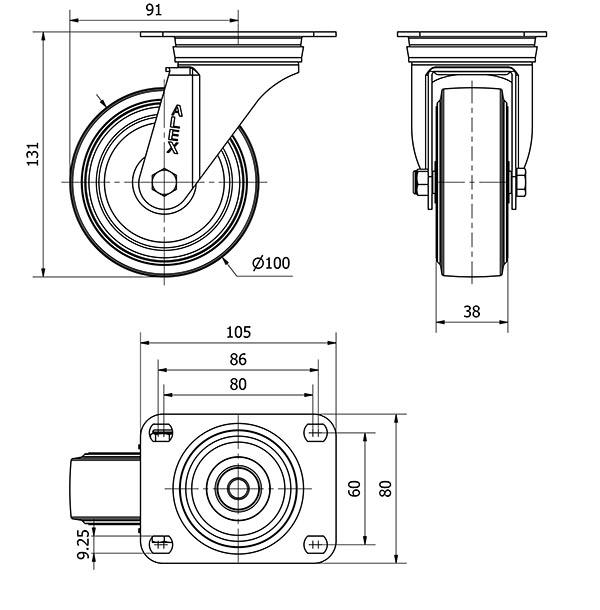 R.GIR.PLACA 10ZVL100-THG GOMA NEGRA TECNOPOLIMERO EJE LISO