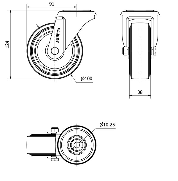 R.GIR.AGUJERO M10 20ZVL100-THG GOMA NEGRA TECNOPOLIMERO EJE LISO