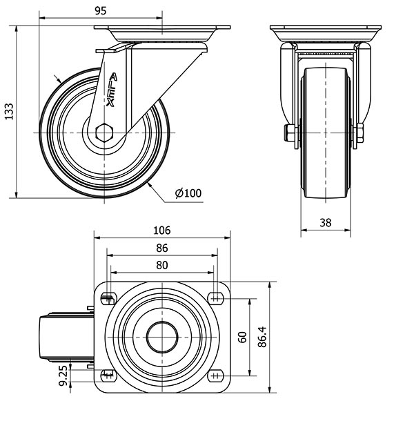 R.GIR.PLACA 10ZV100-THG GOMA NEGRA TECNOPOLIMERO EJE LISO