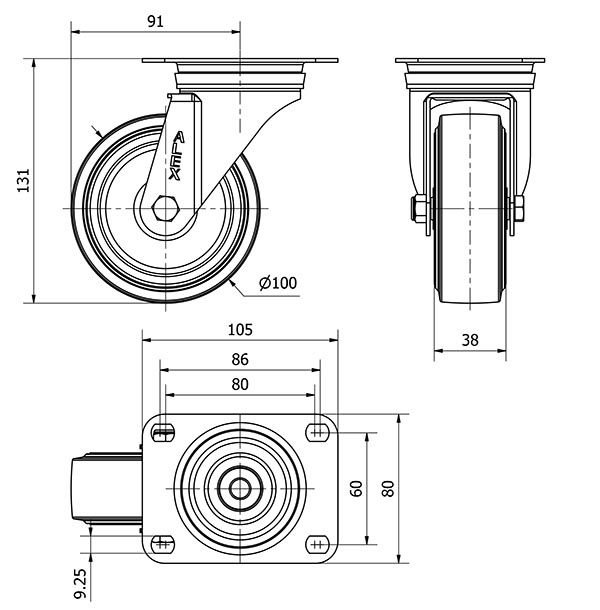 R.GIR.PLACA INOX.10ZVLI100-THG GOMA NEGRA TECNOPOLIMERO EJE LISO