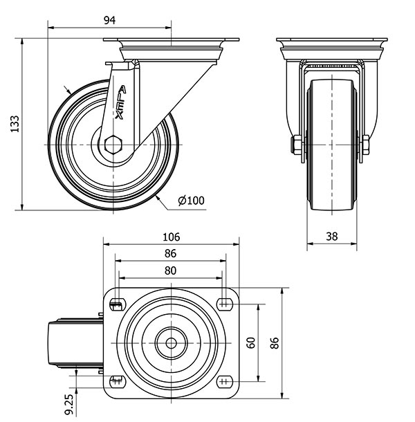 R.GIR.PLACA INOX.10ZVI100-THG GOMA NEGRA TECNOPOLIMERO EJE LISO