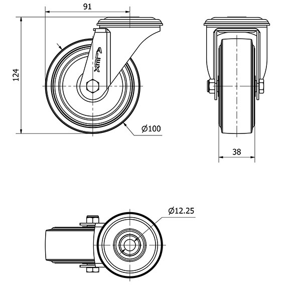 R.GIR.AGUJERO M12 20ZVL100-THG GOMA NEGRA TECNOPOLIMERO EJE LISO