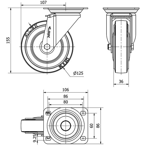 R.GIR.PLACA 10ZV125CP-PGMSB POLIAMIX-GOMA AZUL EJE BOLAS AH NEGROS