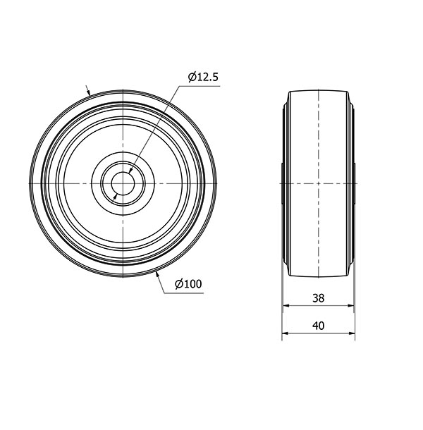 RUEDA THG100-12-41 GOMA NEGRA TECNOPOLIMERO EJE LISO