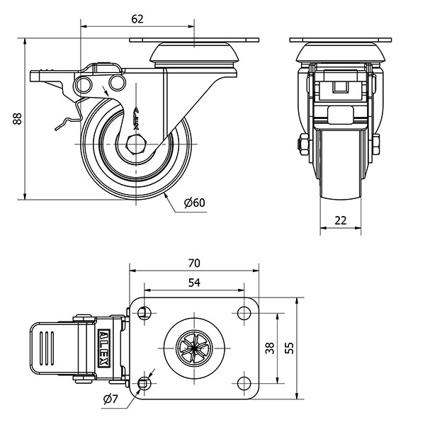 R.GIR.PLACA FRENO INOX.10BHIFD60CP-PGIA POLIAMIX-GOMA GRIS EJE LISO