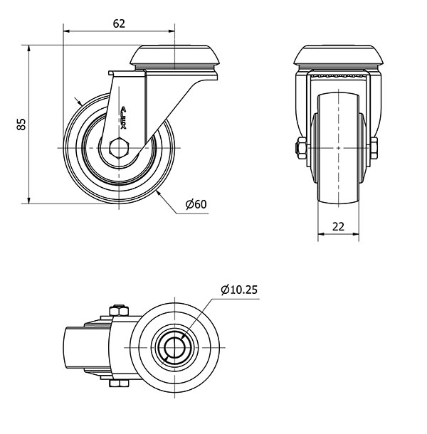 R.GIR.AGUJERO M10 INOX.20BHI60CP-PPIA POLIAMIX-POLIUR.ROJO EJE LISO