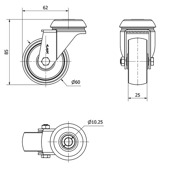 R.GIR.AGUJERO M10 INOX.20BHI60-BP PLASTICO BLANCO EJE LISO