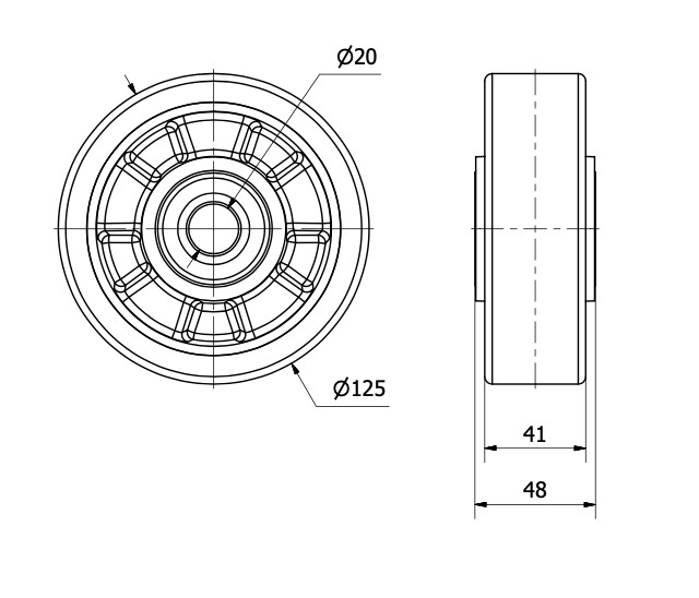 RUEDA AUB125-20-50(ANCHA) NUCLEO ALUMIN.Y BANDA POLIUR.NARANJA BOLAS