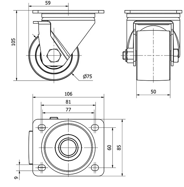R.GIR.PLACA 10LP75-KNB NYLON NEGRO EXTRAFUERTE EJE BOLAS
