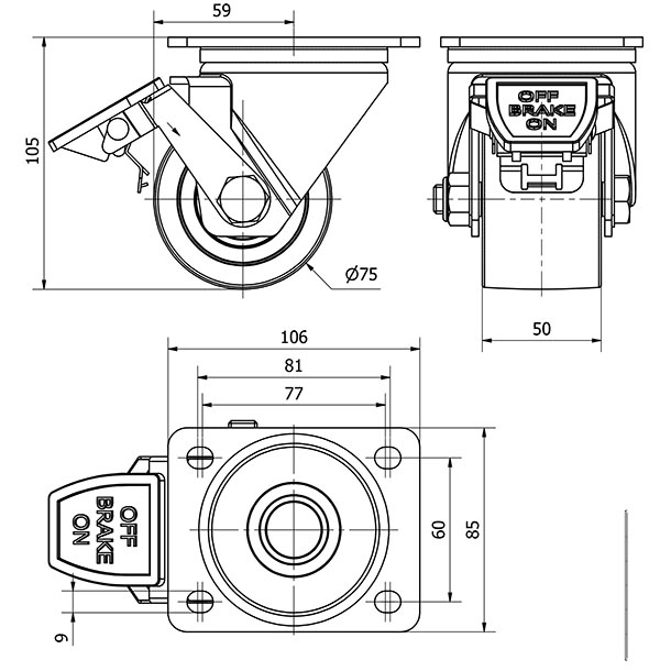 R.GIR.PLACA FRENO 10LPFN75-KNB NYLON NEGRO EXTRAFUERTE EJE BOLAS