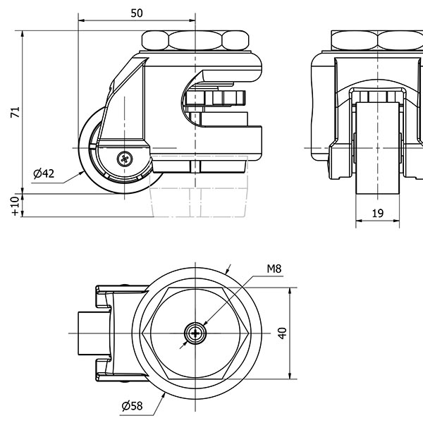 R.GIR.DE NIVELACION AGUJERO M8 21FM42 NYLON NEGRO EJE LISO