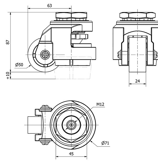 R.GIR.DE NIVELACION AGUJERO M12 21FM50 NYLON NEGRO EJE LISO