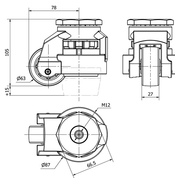 R.GIR.DE NIVELACION AGUJERO M12 21FM63 NYLON NEGRO EJE LISO