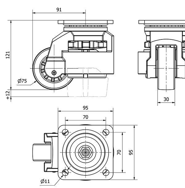 R.GIR.DE NIVELACION PLACA 10FM75 NYLON NEGRO EJE LISO