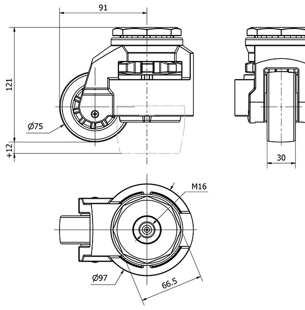 R.GIR.DE NIVELACION AGUJERO M16 21FM75 NYLON NEGRO EJE LISO
