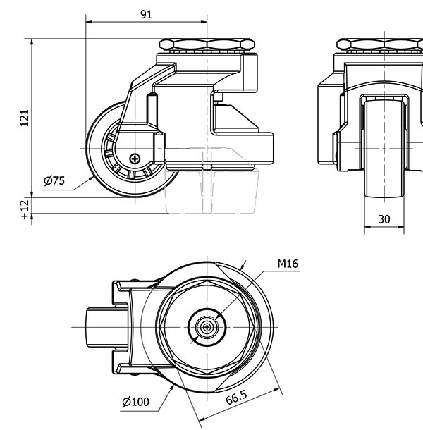 R.GIR.DE NIVELACION AGUJERO M16 21FM75A NYLON NEGRO EJE LISO