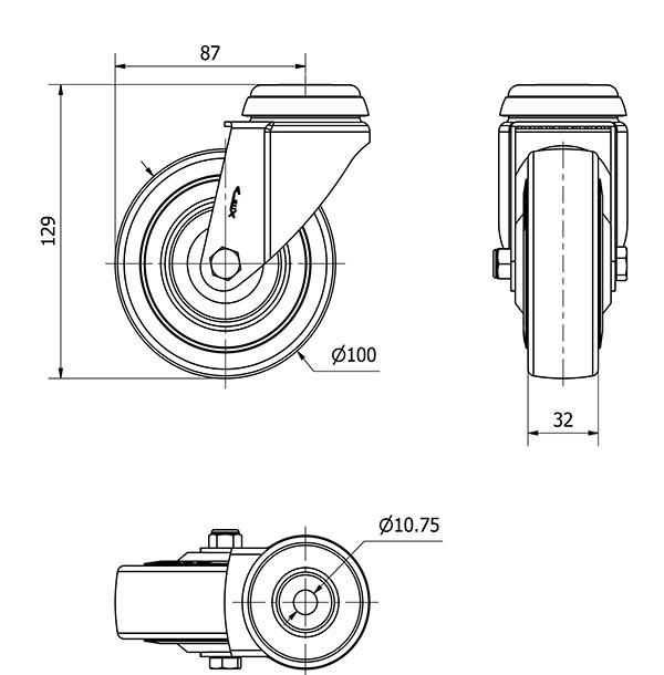 R.GIR.AGUJERO M10 20BHA100CP-PGAN POLIAMIX-GOMA GRIS EJE LISO