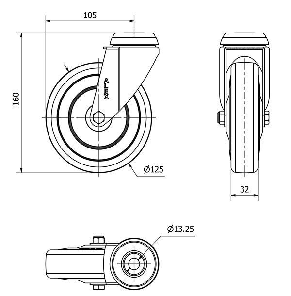 R.GIR.AGUJERO M12 20BHA125CP-PGAN POLIAMIX-GOMA GRIS EJE LISO