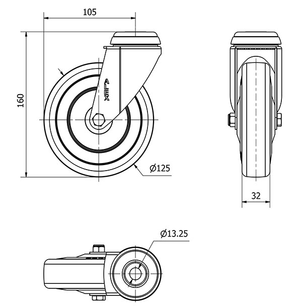 R.GIR.AGUJERO M12 20BHA125CP-PGASB POLIAMIX-GOMA GRIS EJE BOLAS