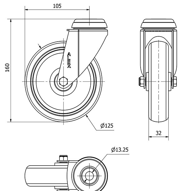 R.GIR.AGUJERO M12 20BHA125-PGZN POLIAMIX-GOMA GRIS INYECT.EJE LISO