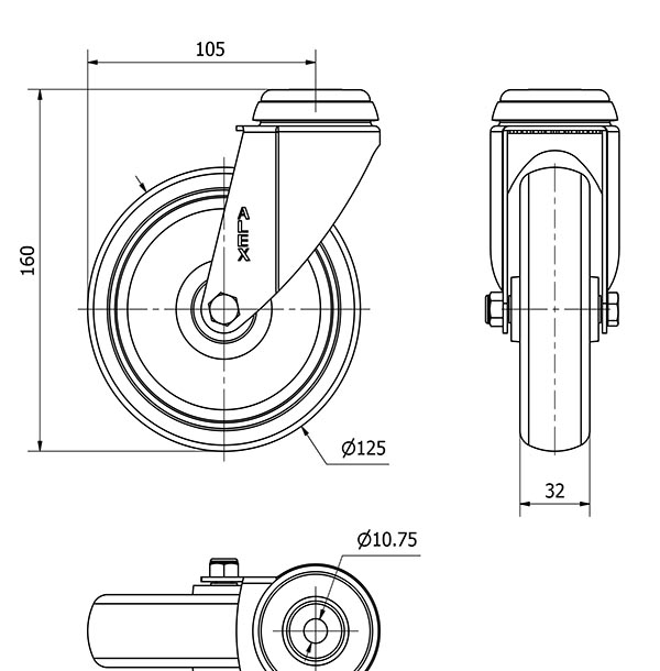 R.GIR.AGUJERO M10 20BHA125-PGZR POLIAMIX-GOMA GRIS INYECT.RODILLOS