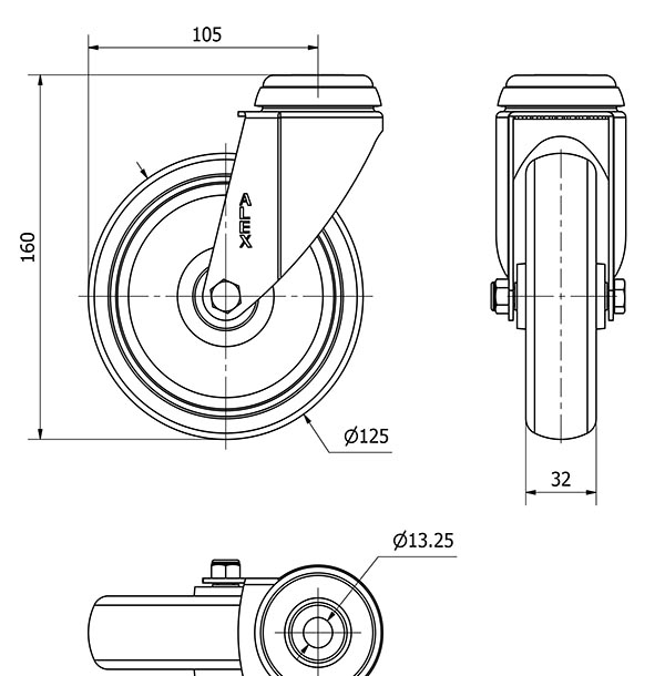 R.GIR.AGUJERO M12 20BHA125-PGZR POLIAMIX-GOMA GRIS INYECT.RODILLOS