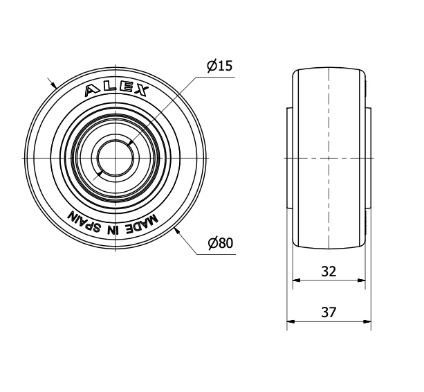 RUEDA POB80-15-40 NUCLEO NYLON BLANCO Y BANDA POLIUR.ROJO EJE BOLAS