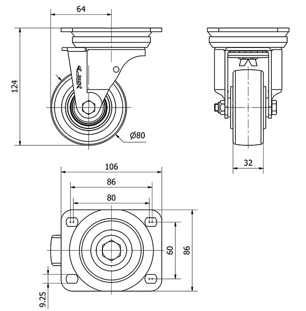 R.GIR.PLACA 10TV80-POB NYLON BLANCO-POLIUR.ROJO EJE BOLAS