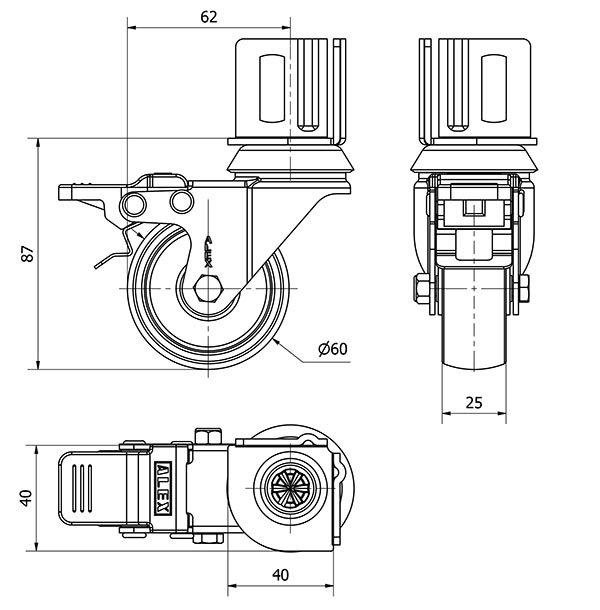 R.GIR.PLETINA ANGULAR FRENO 16BHFD60-BP PLASTICO BLANCO EJE LISO