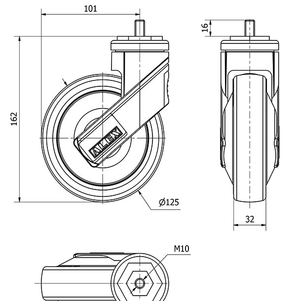 R.GIR.ESPIGA ROSCADA M10x16 50HC125CP-PGAISB GOMA GRIS EJE BOLAS