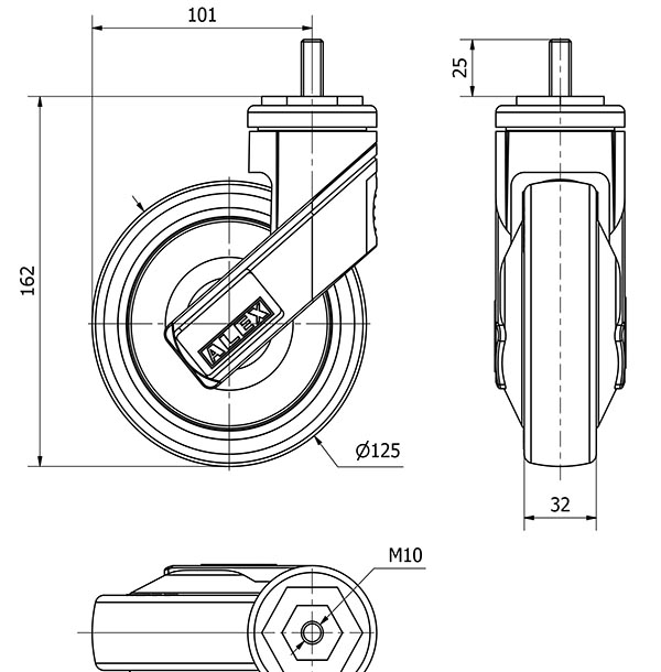 R.GIR.ESPIGA ROSCADA M10x25 50HC125CP-PGAISB GOMA GRIS EJE BOLAS