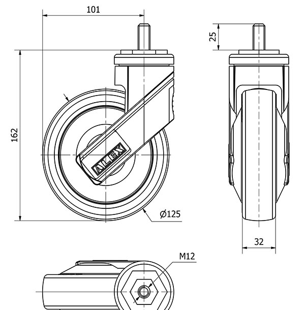 R.GIR.ESPIGA ROSCADA M12x25 50HC125CP-PGAISB GOMA GRIS EJE BOLAS