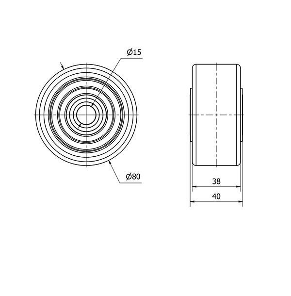 RUEDA AUB80-15-40 NUCLEO ALUMINIO Y BANDA POLIUR.NARANJA EJE BOLAS