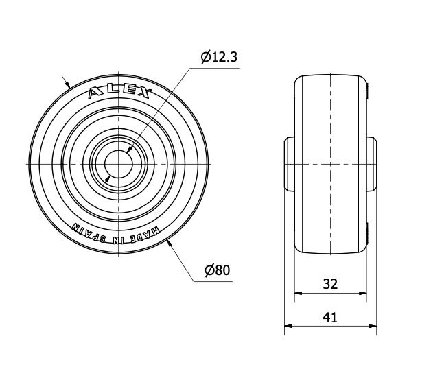 RUEDA PO80-12-40 NUCLEO NYLON BLANCO Y BANDA POLIUR.ROJO EJE LISO