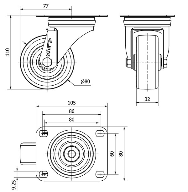 R.GIR.PLACA INOX.10ZVLI80-PO NYLON BLANCO-POLIUR.ROJO EJE LISO