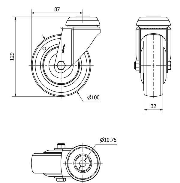R.GIR.AGUJERO M10 20BHA100CP-PGCSB POLIUR.GRIS CONDUCTIVO EJE BOLAS