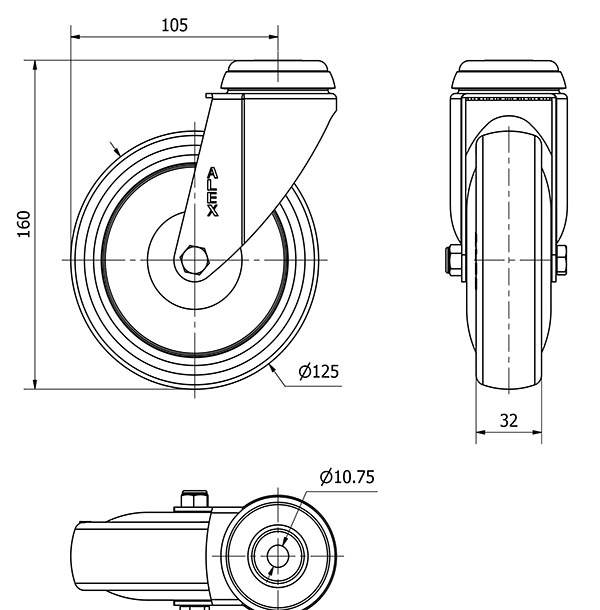 R.GIR.AGUJERO M10 20BHA125CP-PGCSB POLIUR.GRIS CONDUCTIVO EJE BOLAS