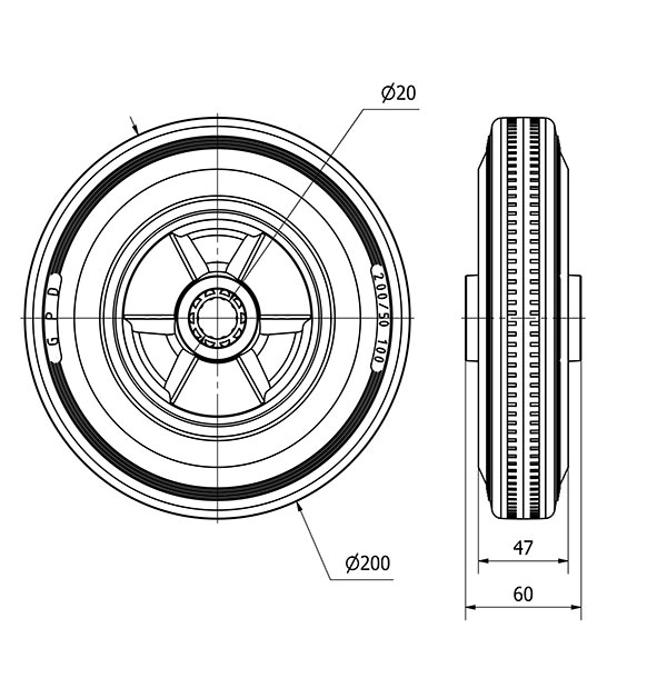 RUEDA PSR200-20-60 NUCLEO POLIAMIX Y BANDA GOMA NEGRA (COJ.ROD.INOX)
