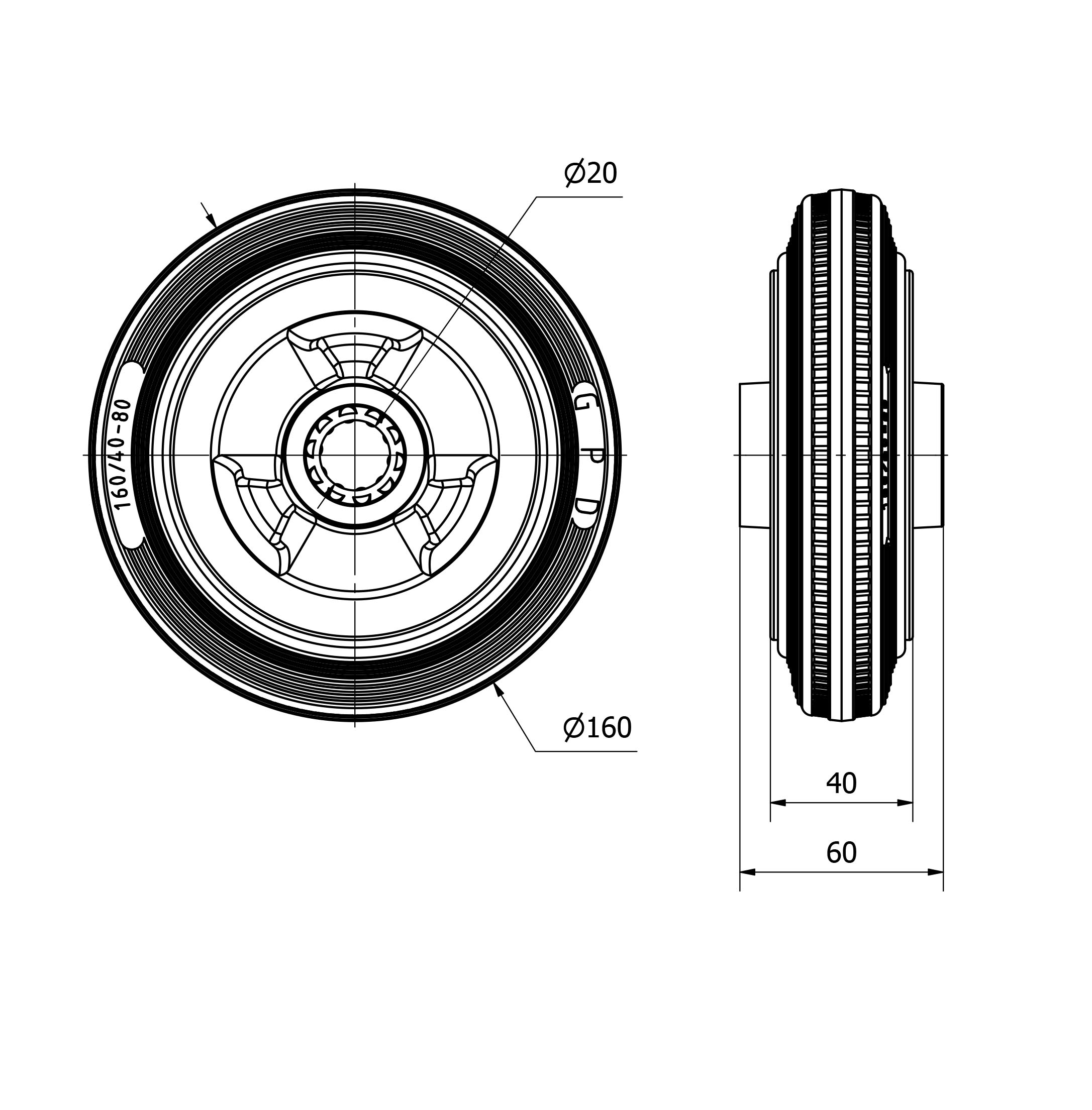 RUEDA PSR160-20-60 NUCLEO POLIAMIX Y BANDA GOMA GRIS (COJ.ROD.INOX)