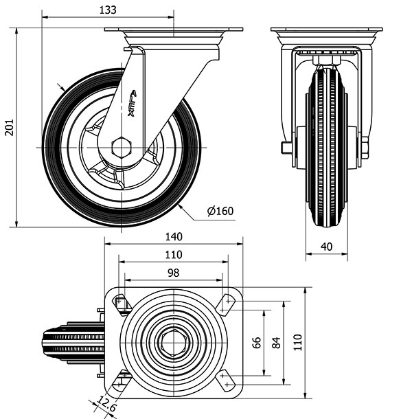 R.GIR.PLACA INOX.10ZVI160-PSR POLIAMIX-GOMA NEGRA EJE RODILLOS