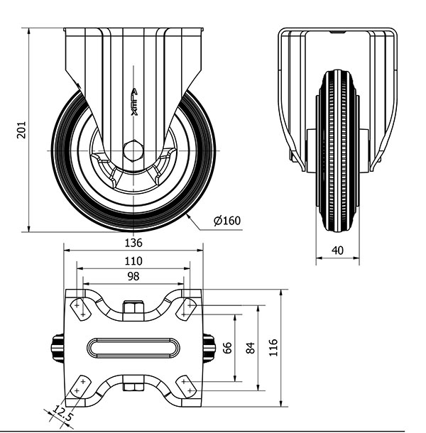 R.FIJA INOX.17ZVI160-PSR POLIAMIX-GOMA NEGRA EJE RODILLOS