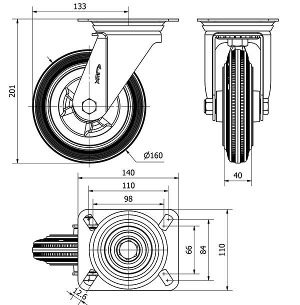 R.GIR.PLACA INOX.10ZVI160-PSR POLIAMIX-GOMA GRIS EJE RODILLOS