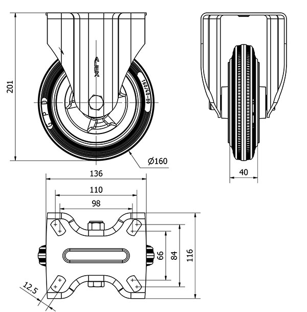 R.FIJA INOX.17ZVI160-PSR POLIAMIX-GOMA GRIS EJE RODILLOS