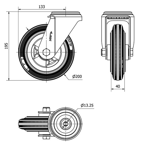 R.GIR.AGUJERO M12 INOX.20ZVI160-PSR POLIAMIX-GOMA GRIS EJE RODILLOS