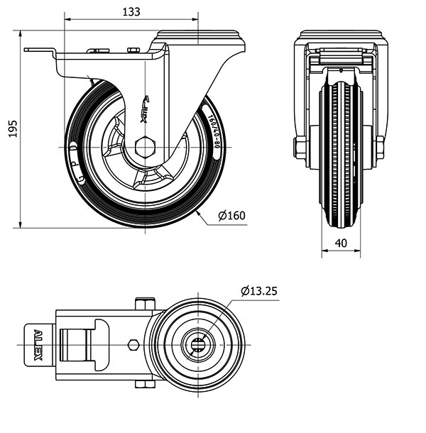 R.GIR.AGUJ.M12 FRENO INOX.20ZVIFD160-PSR POLIAMIX-GOMA GRIS RODILLOS