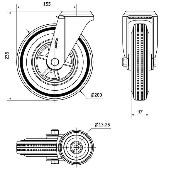 R.GIR.AGUJERO M12 INOX.20ZVI200-PSR POLIAMIX-GOMA GRIS EJE RODILLOS