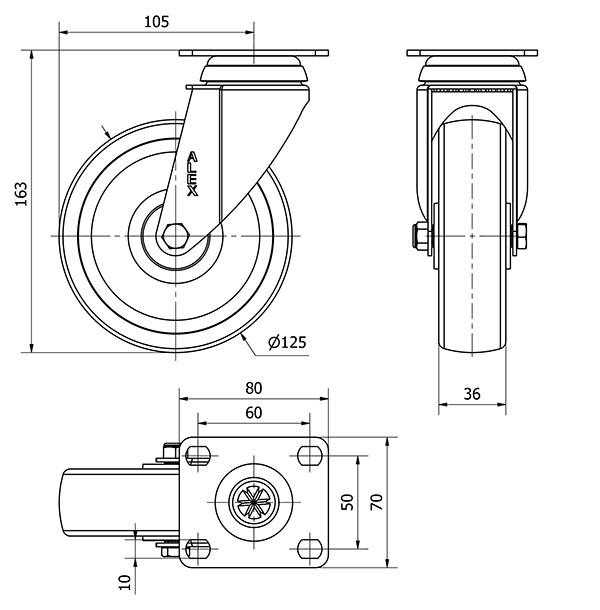 R.GIR.PLACA 10BHA125-UTR POLIAMIX BLANCO EJE RODILLOS